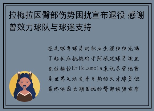 拉梅拉因臀部伤势困扰宣布退役 感谢曾效力球队与球迷支持