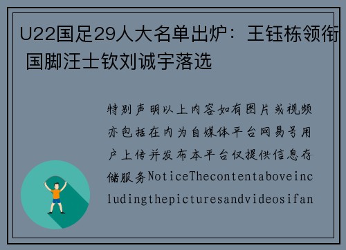 U22国足29人大名单出炉：王钰栋领衔 国脚汪士钦刘诚宇落选